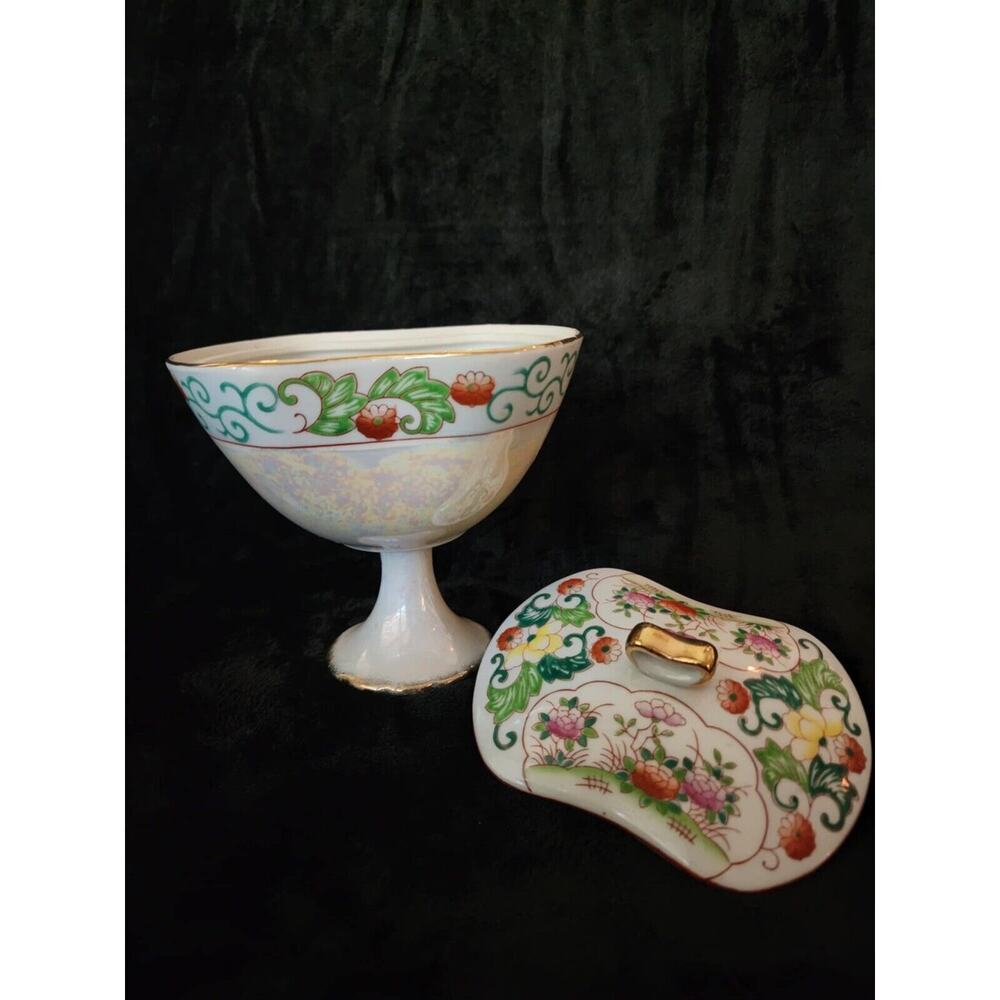 Vintage Candy Dish Lusterware Iridescent Pink Roses Flowers Lid Compote Pedestal